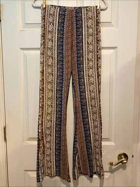 Novella Royale Navy & Brown Paisley-Stripe Wide Leg Pants